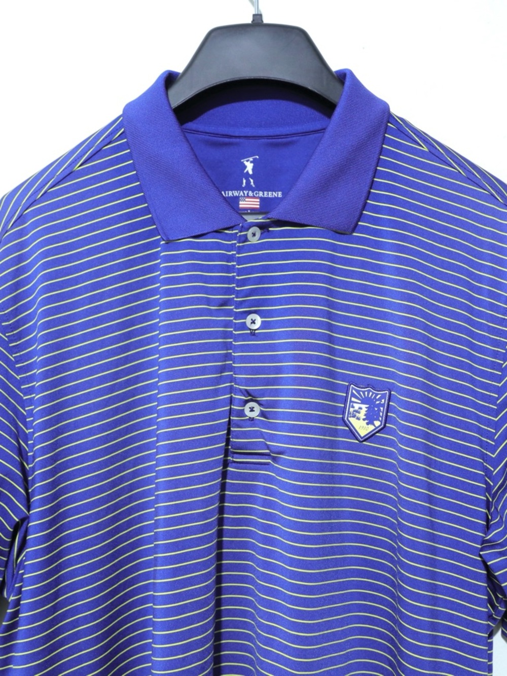 Fairway & Greene Tech Golf Polo Mens Large Winged Foot Golf Club Blue Stripe